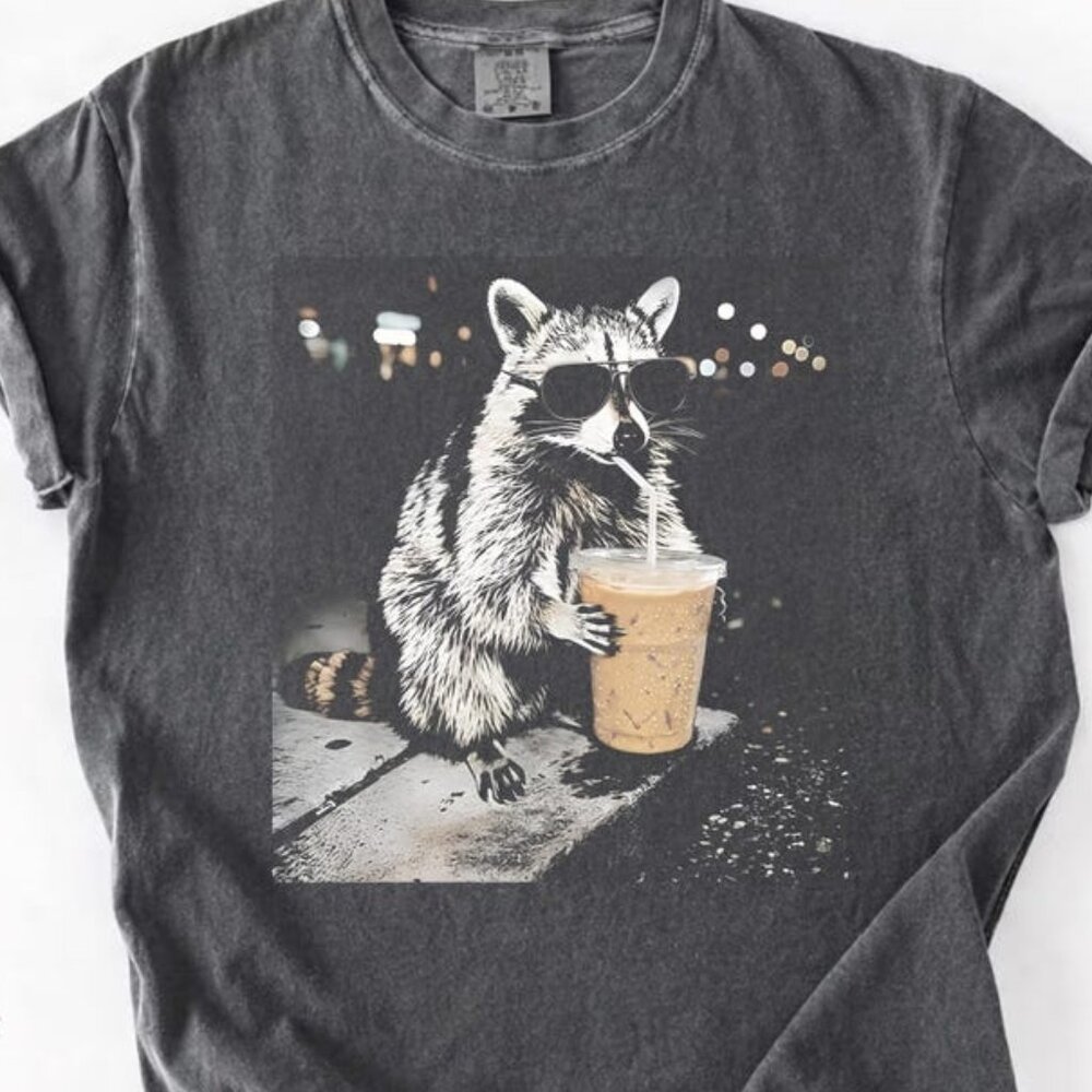 Raccoon Drinking Iced Coffee Graphic T-Shirt | Funny Tee